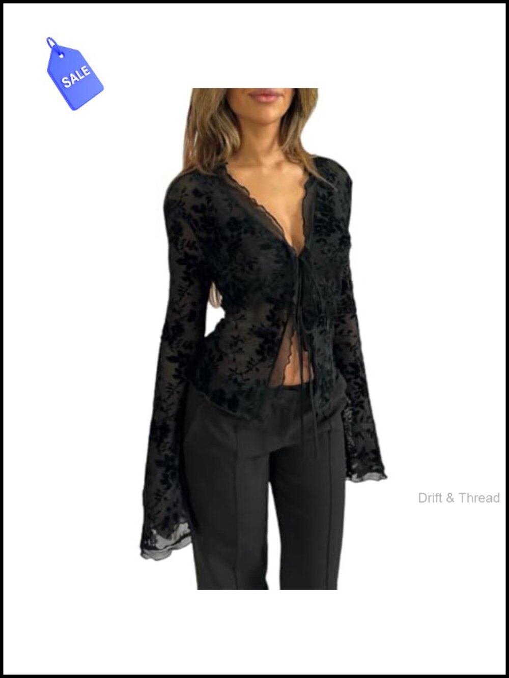Sheer Mesh Leopard Print Crop Top Deep V Neck Long Flare Sleeve Tie Front Blouse